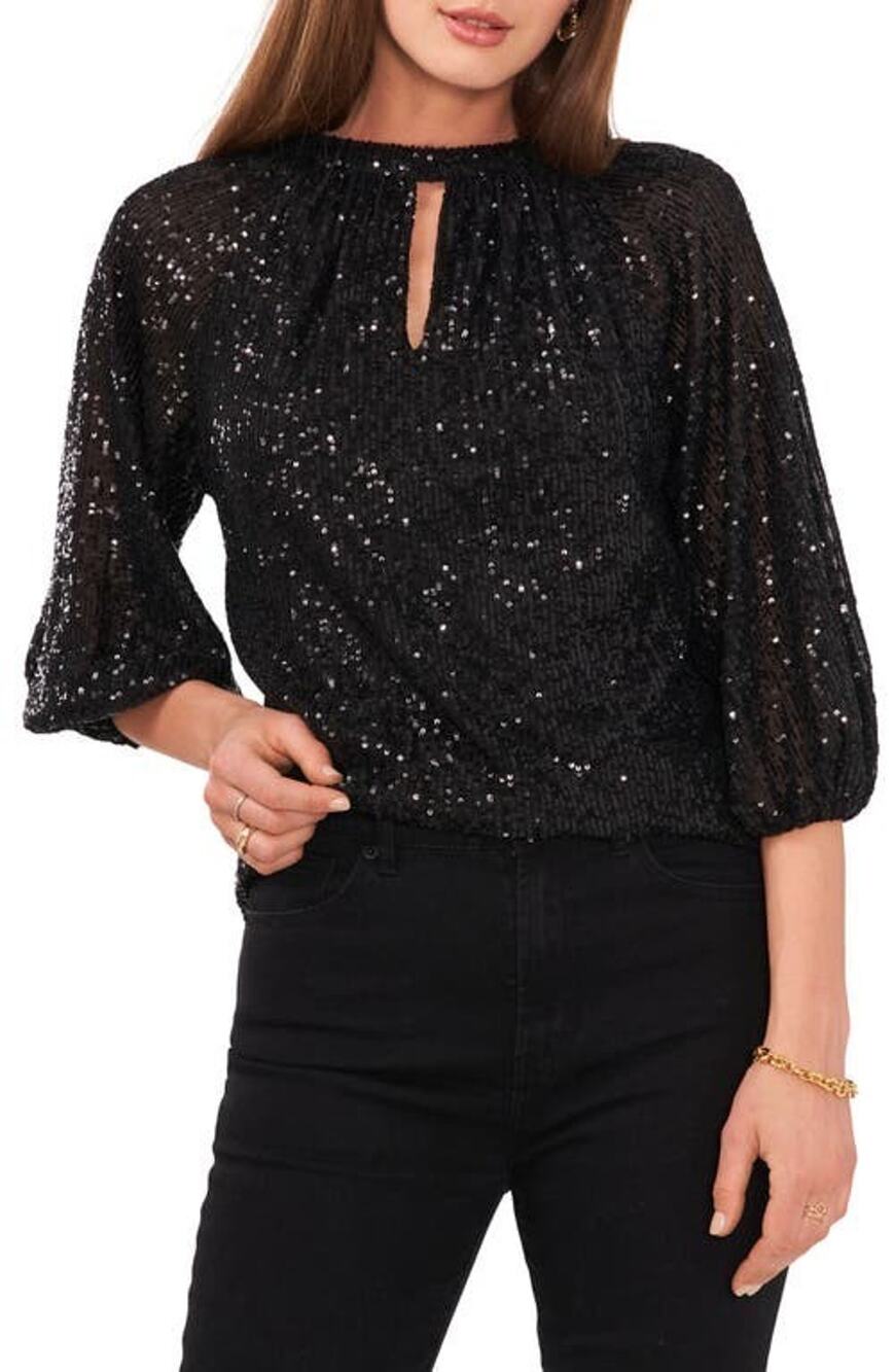 Vince Camuto Women Sequin Keyhole Detail Raglan Sleeve Top Black Size Xs 4123